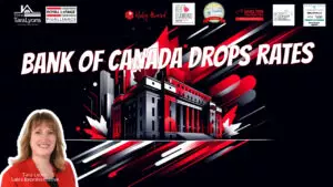 Thumbnail featuring the Bank of Canada building with a modern and dynamic design. The image uses a striking red, black, and white color scheme with abstract elements in the background, creating a sleek and professional financial theme.