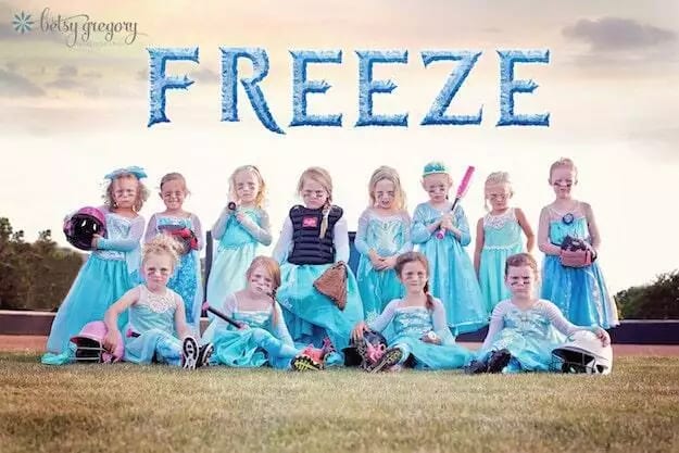 All girl softball team showing off their princess moves.